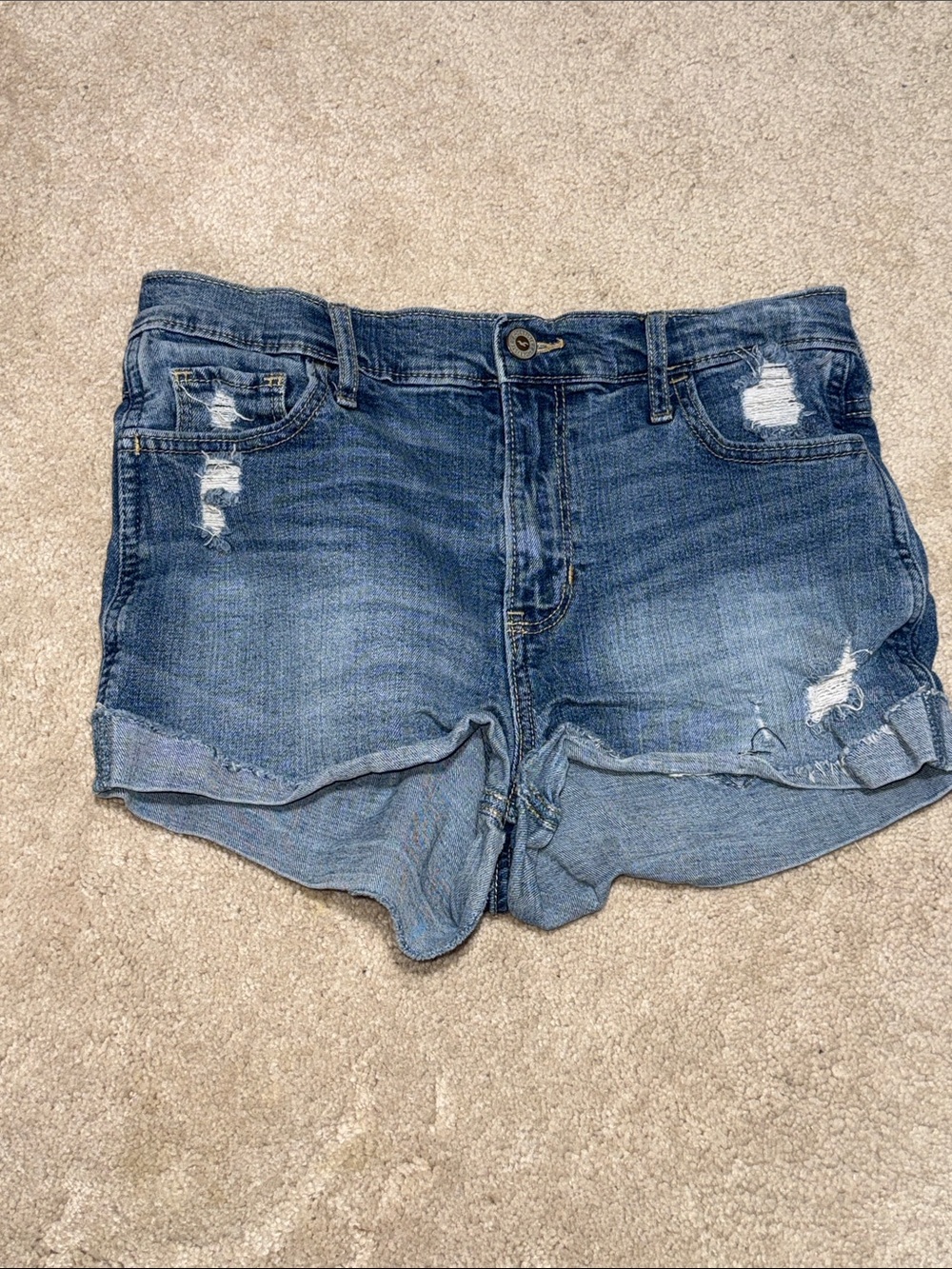 Hollister Distressed Rolled-Hem Denim Shorts - Blue